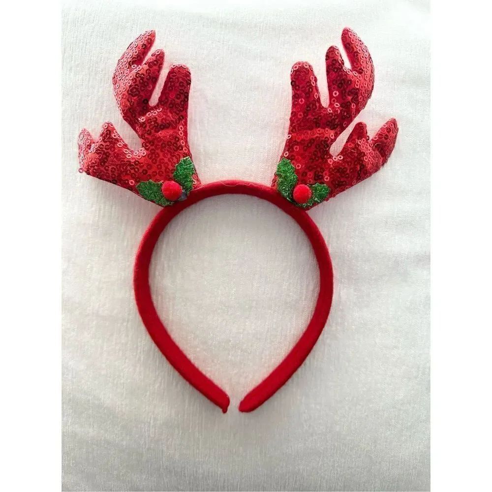 Red sequin reindeer ears with holly